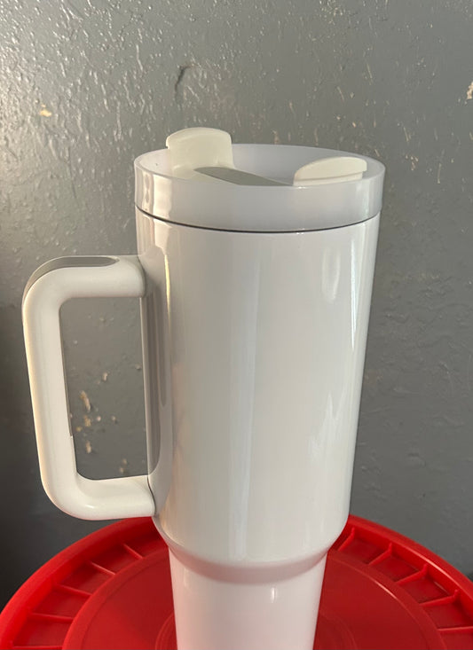 40 ounce white stainless steel with handle comes with metal straw you pick your wrap
